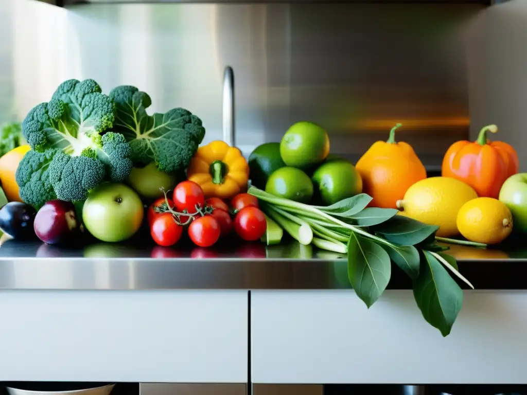 Abundancia de frutas y verduras frescas en cocina moderna Una cocina moderna llena de frutas y verduras frescas, promoviendo la dieta Keto y el sistema inmunológico con colores vibrantes y abundancia natural