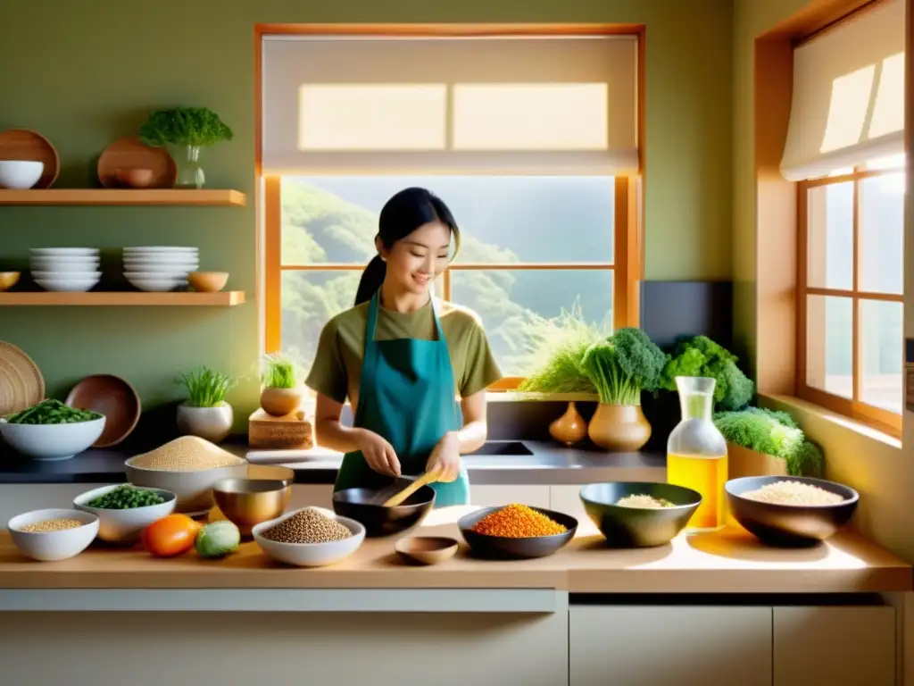 Una cocina moderna llena de ingredientes macrobióticos coloridos y frescos, irradiando vitalidad y promoviendo la salud del sistema inmune