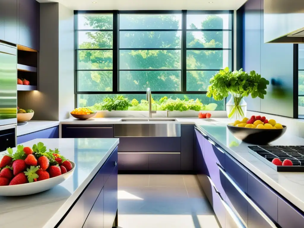 Una cocina moderna y serena con frutas y verduras vibrantes en la encimera