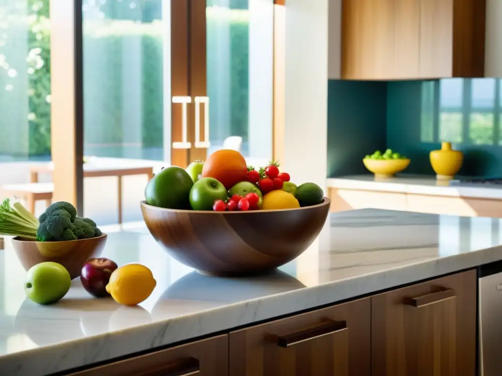 Cocina moderna y luminosa con frutas y verduras vibrantes Una cocina moderna y serena con frutas y verduras coloridas en un elegante tazón de madera