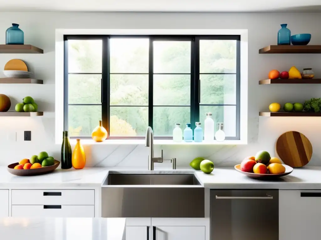 Cocina moderna y serena con encimera de mármol blanco y frutas frescas Una cocina moderna y serena con frutas frescas, agua y utensilios de acero inoxidable
