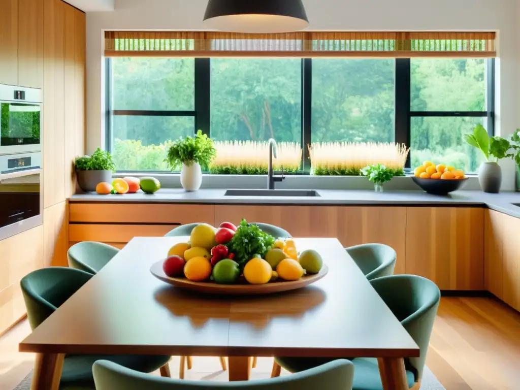 Cocina moderna con mesa de madera para comida saludable Una cocina moderna y serena con una mesa de madera lista para una comida colorida y saludable