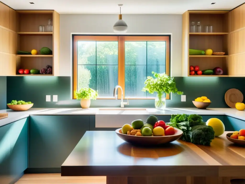 Una cocina moderna y serena con una mesa de madera llena de frutas y verduras coloridas, transmitiendo vitalidad y salud