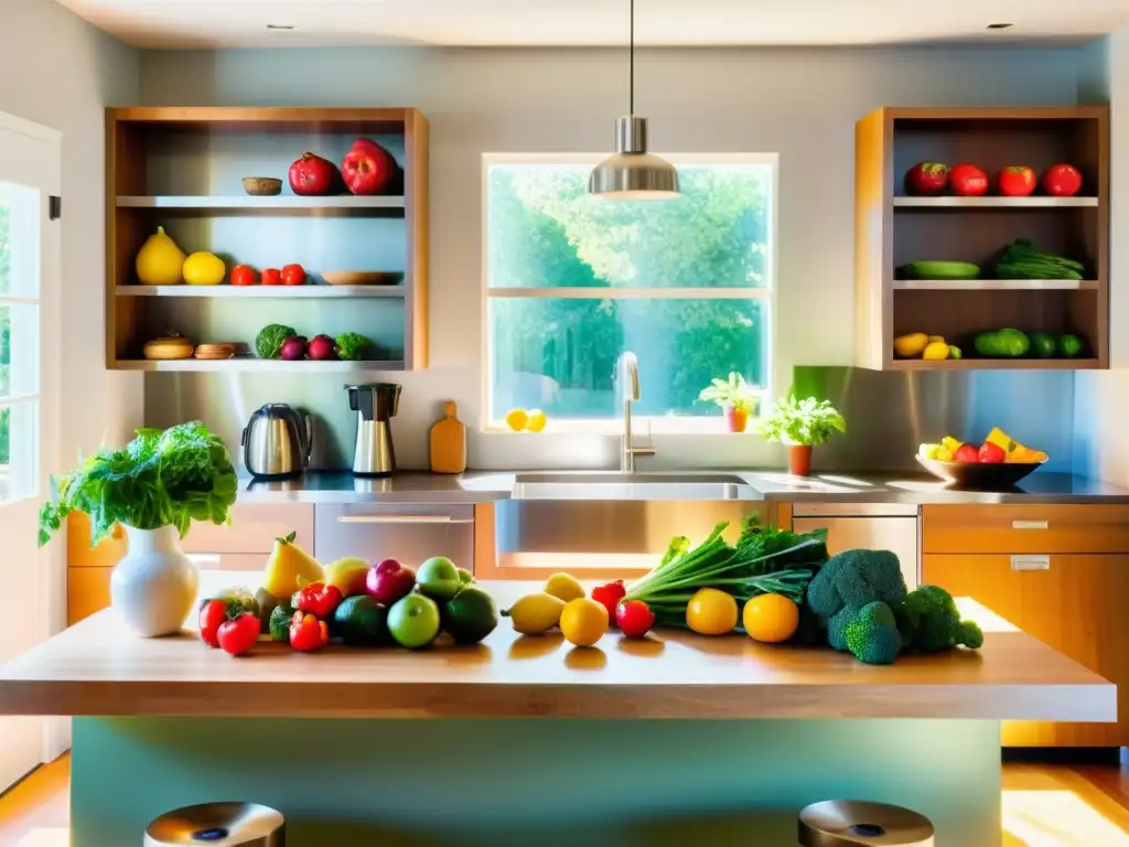 Una cocina moderna y serena con una mesa de madera llena de frutas y verduras frescas