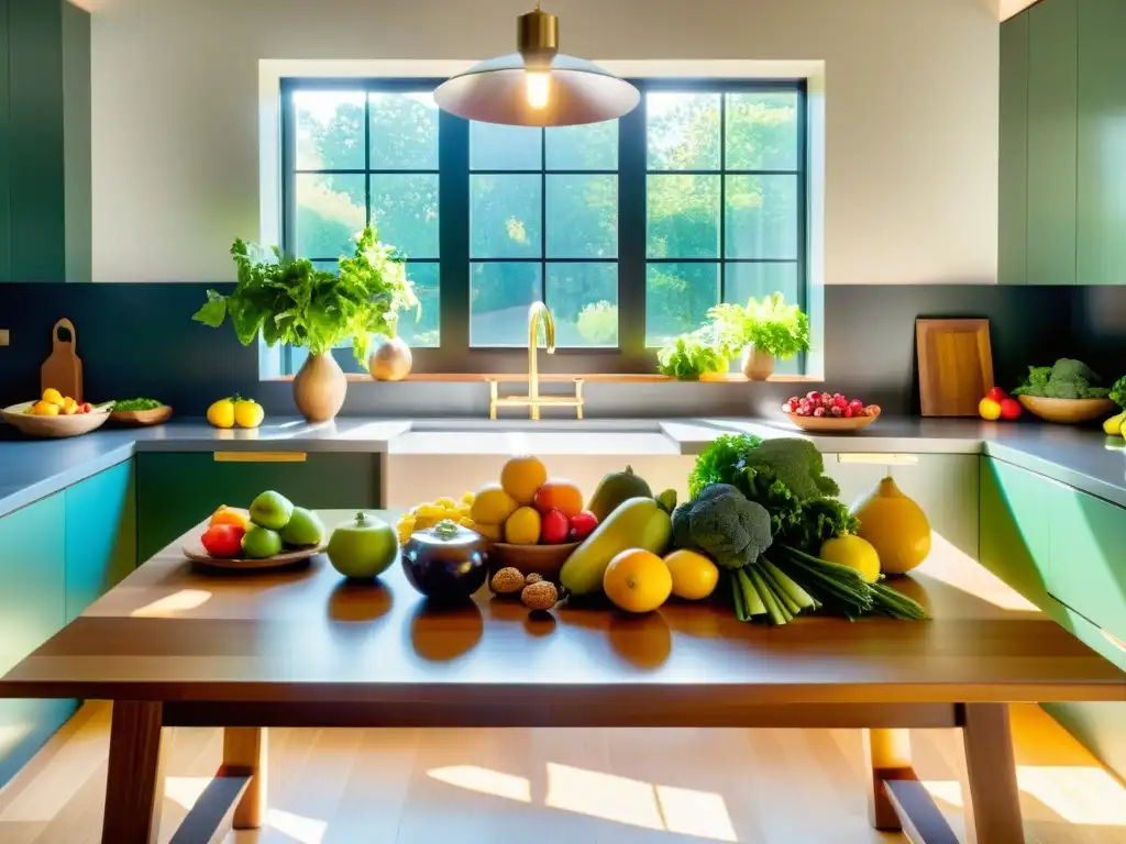 Armonía y abundancia: Nutrientes para el bienestar Una cocina moderna y serena con una mesa de madera repleta de frutas, verduras y frutos secos