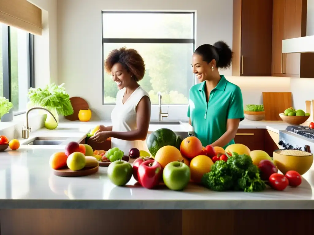 Cocina moderna llena de vida: preparando comida saludable en familia Una cocina moderna y vibrante con una encimera de mármol mostrando una variedad de frutas, verduras y granos enteros