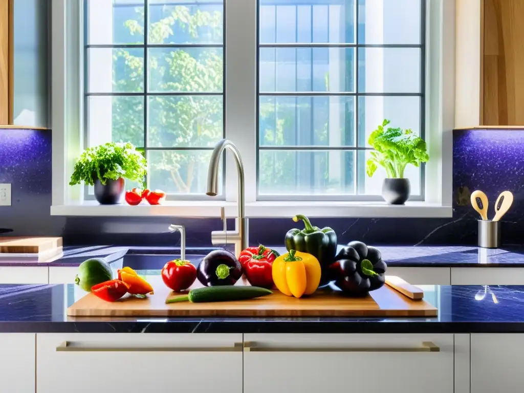 Cocina saludable: Frutas y verduras frescas en un entorno vibrante Una cocina moderna y vibrante llena de frutas y verduras coloridas, resplandeciendo frescura