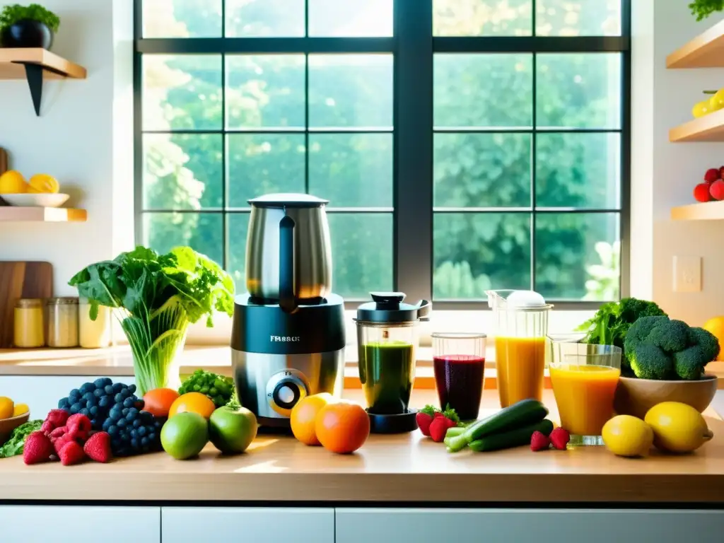 Nutrición balanceada y vibrante en cocina moderna Una cocina moderna y vibrante llena de frutas, verduras y alimentos frescos, irradiando nutrición y salud para el sistema inmunológico
