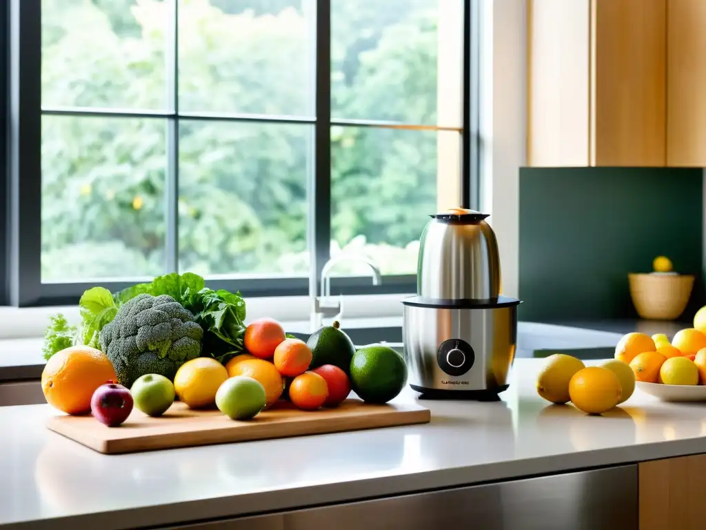 Cocina moderna y serena con frutas y verduras frescas Una cocina serena y moderna con abundantes frutas y verduras frescas, destacando alimentos para fortalecer el sistema inmunológico
