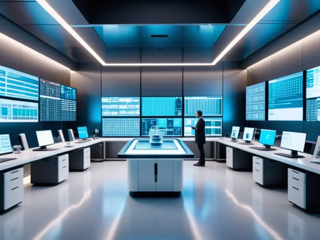 Lab futurista: científicos y robots AI diseñando vacunas Colaboración entre científicos y robots de IA en laboratorio futurista de diseño de vacunas