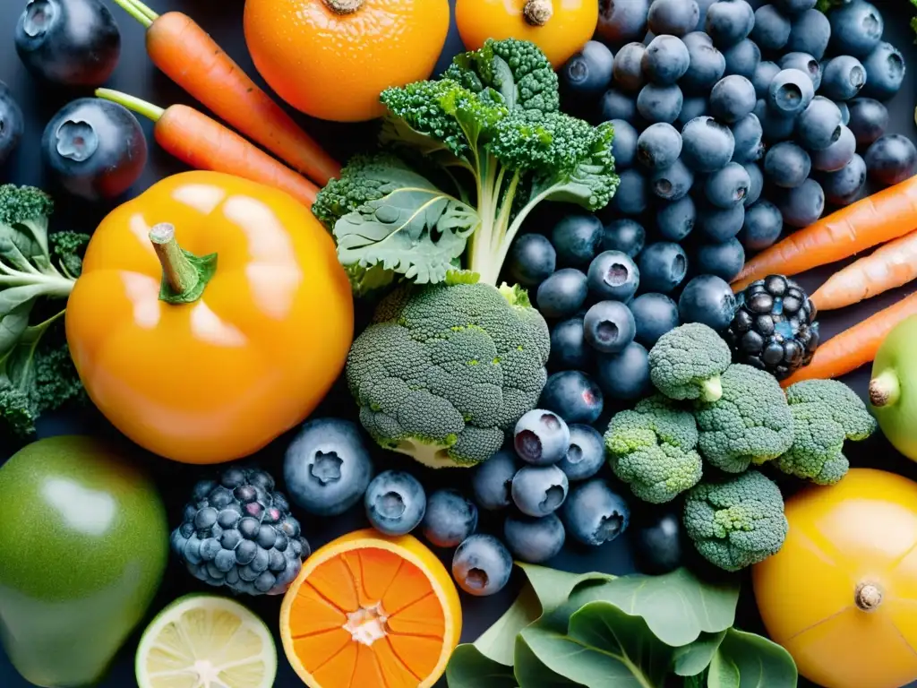 Exquisita variedad de frutas y verduras vibrantes: nutrición y vitalidad Un collage vibrante de frutas y verduras variadas, iluminadas y detalladas, evocando los beneficios de probióticos para sistema inmunológico
