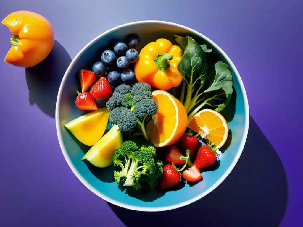 Ensalada vibrante con frutas y verduras frescas Una colorida ensalada de frutas y verduras frescas para fortalecer el sistema inmune, con kale, pimientos, fresas, kiwi y más