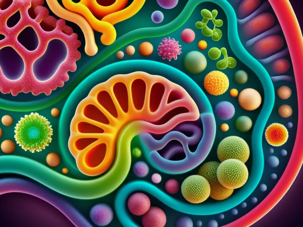 Microbiota intestinal: una comunidad vibrante y simbiótica Colorida ilustración de la microbiota intestinal, influyendo en el estado de ánimo