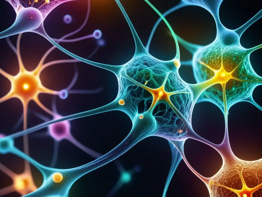 Colorida representación de neuronas e células inmunes entrelazadas, mostrando la interconexión del afrontamiento del estrés y el sistema inmunológico