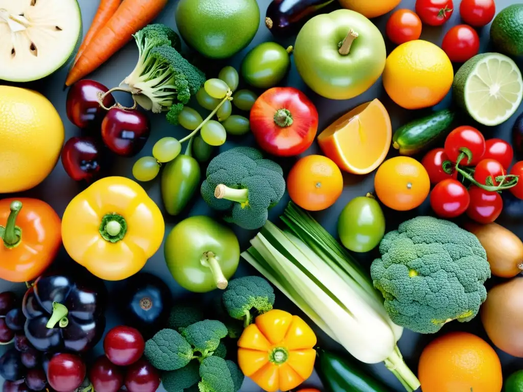 Patrón vibrante de frutas y verduras frescas Una colorida variedad de frutas y verduras se superponen en un patrón artístico
