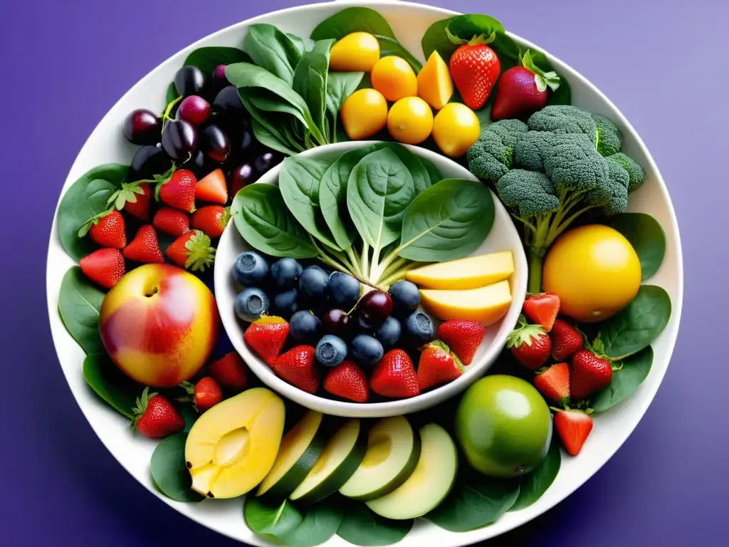 Frescura y color: una explosión de vitalidad en frutas y verduras Colorida variedad de frutas y verduras que resaltan la importancia de la nutrición en el sistema inmunológico