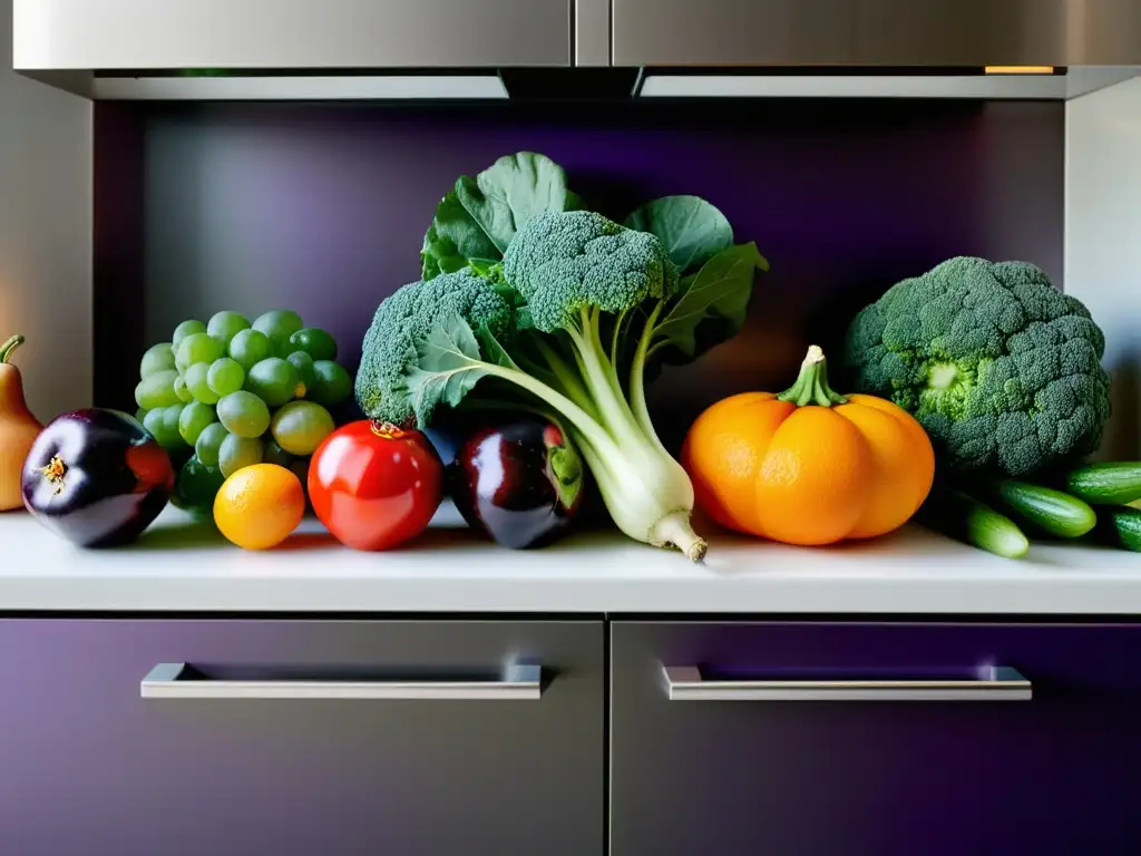 Una colorida variedad de frutas y verduras frescas en un mostrador de cocina moderno