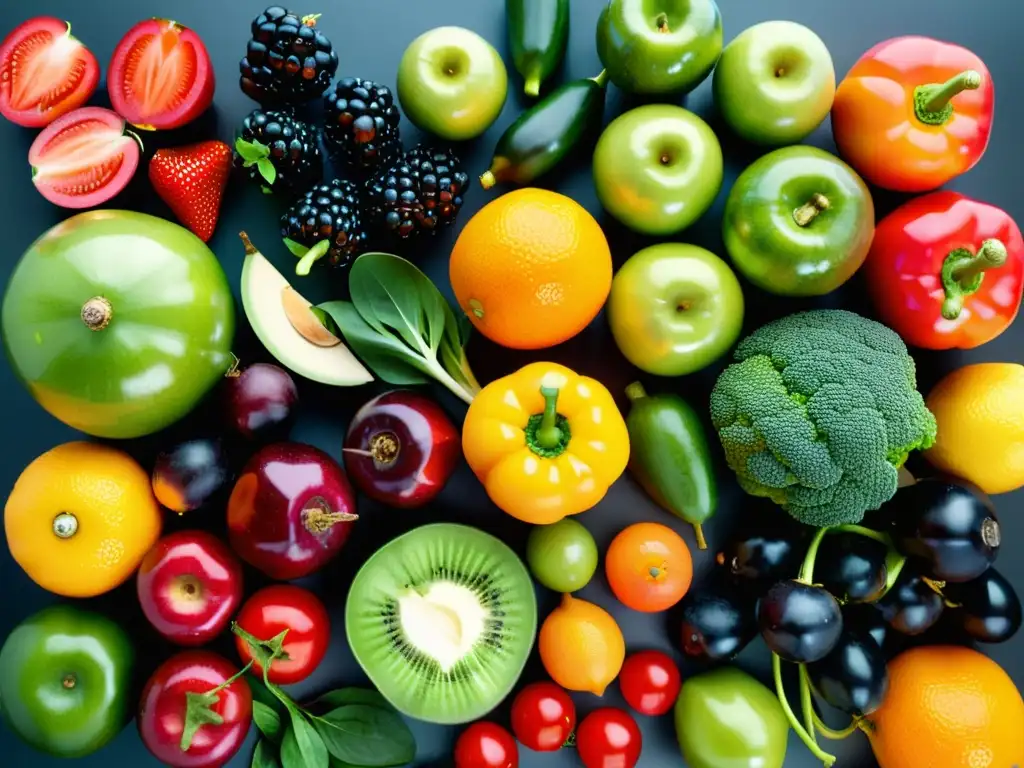 Delicioso y saludable espectáculo de frutas y verduras frescas Una colorida y vibrante exhibición de frutas y verduras frescas, con gotas de agua resaltando su frescura