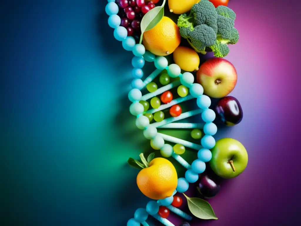 ADN vibrante y salud inmune: frutas y verduras Colorido ADN entrelazado con frutas y verduras, simbolizando la base genética de un sistema inmunológico saludable