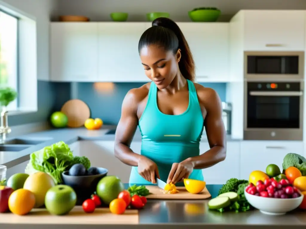 Preparando Comida Saludable: Equilibrio y Determinación Preparando una comida saludable en una cocina luminosa, rodeado de frutas frescas y verduras