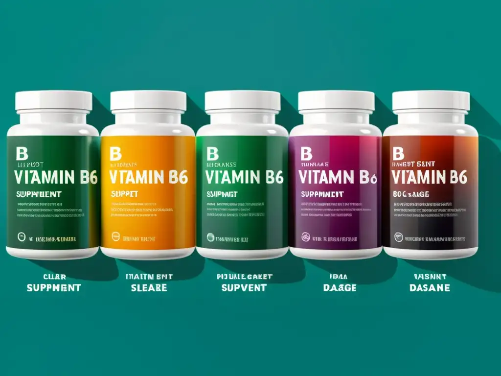 Suplementos de vitamina B6: Detalles vibrantes y modernos Comparativa suplementos vitamina B6 sistema inmunológico: Detalle vibrante de suplementos B6 en envases modernos y colores llamativos