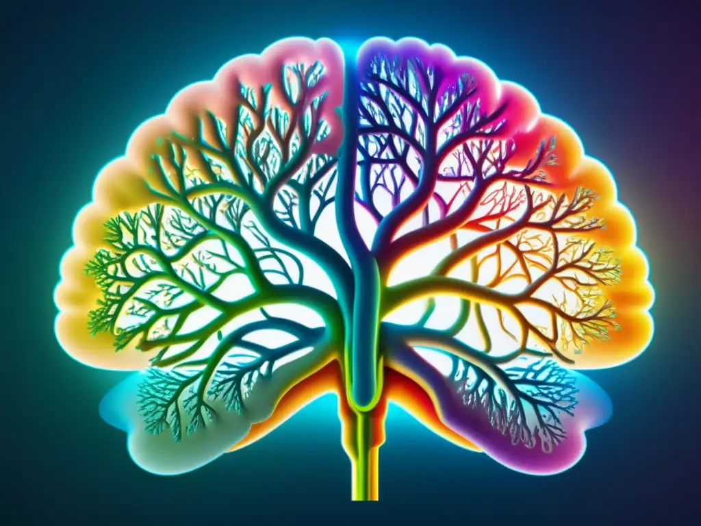 Compleja ilustración de un cerebro humano detallado, con colores vibrantes que representan sus funciones y conexiones, incluyendo sutiles referencias al sistema inmunológico