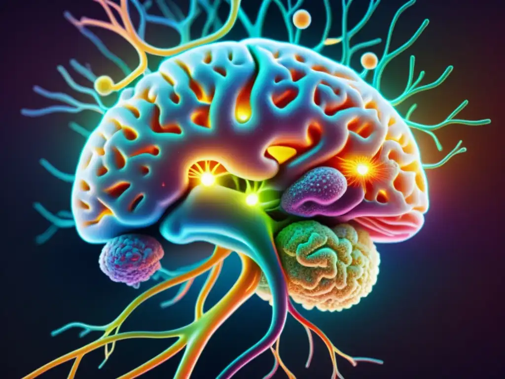Ilustración digital: Conexión entre ADHD e inmunidad Compleja ilustración digital de un cerebro con vías neurales vibrantes, conectadas sobre una detallada imagen microscópica de células inmunitarias