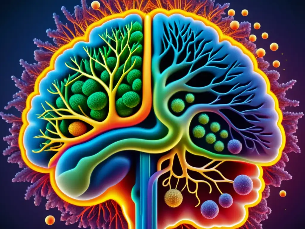 Conexiones neuroinmunológicas: ilustración detallada Compleja ilustración de la interconexión entre el cerebro, sistema nervioso e inmunológico