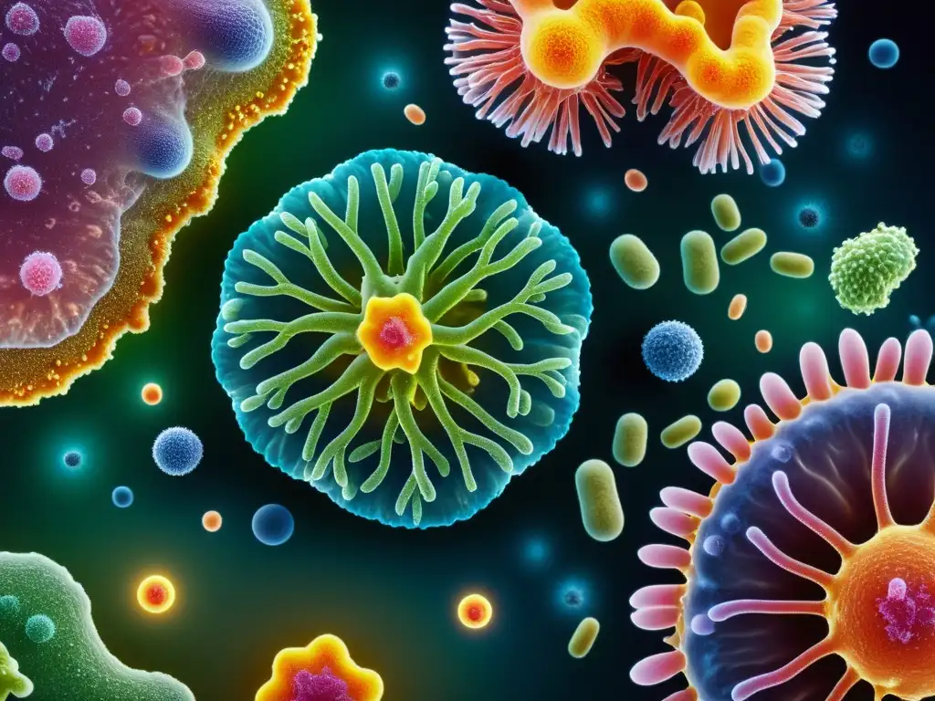 Microbiota colorida y diversa en el intestino humano Compleja microbiota del sistema inmunológico en el intestino humano, formando un ecosistema colorido y diverso de bacterias y microorganismos