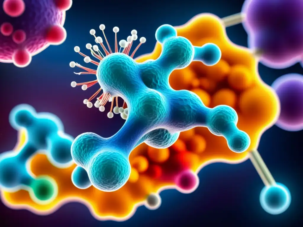 Compleja interacción molecular del cortisol con células inmunes, mostrando su impacto en inmunidad con colores vibrantes y detalles precisos