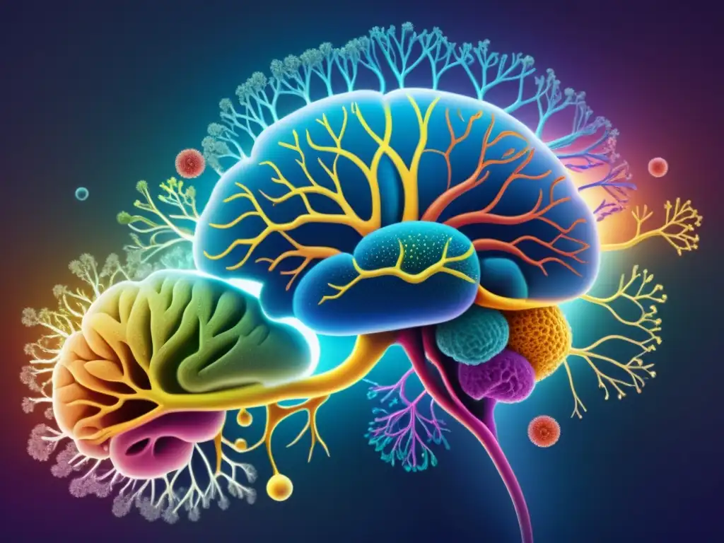 Conexiones entre el cerebro y el sistema inmunológico Compleja ilustración del papel del estrés en enfermedades autoinmunes, con neuronas, células inmunes y vías bioquímicas