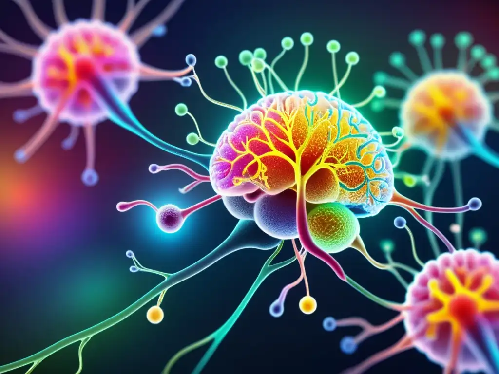 Conexiones cerebrales y sistema inmune: ansiedad en colores Compleja red de células cerebrales e inmunes conectadas, con colores vibrantes destacando las vías entre ellas