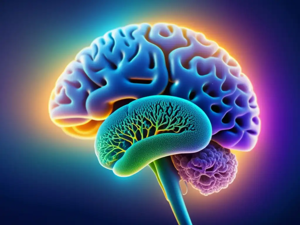 Increíble red neural en el cerebro humano: conexión y protección Compleja red neuronal en el cerebro, rodeada de células inmunes, ilustrando el papel del sistema inmune en el estrés agudo