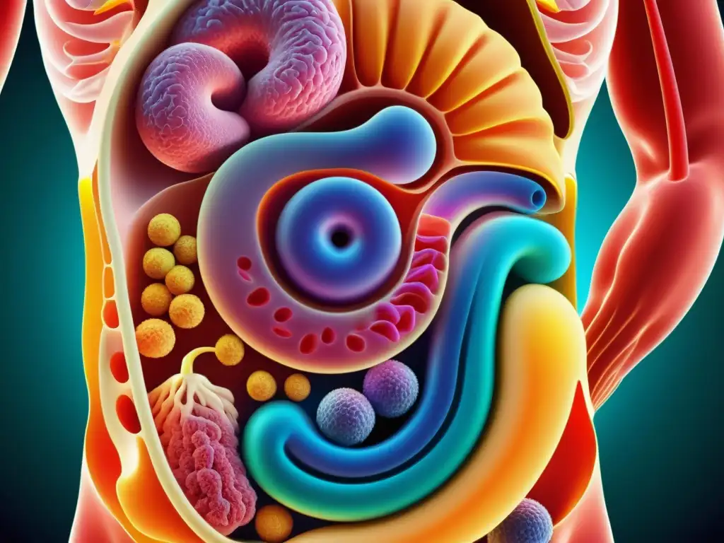 Ilustración detallada del sistema digestivo humano y su interacción con el sistema inmunológico Compleja ilustración del sistema digestivo humano y su interacción con el sistema inmunológico, destacando el impacto de los trastornos alimenticios