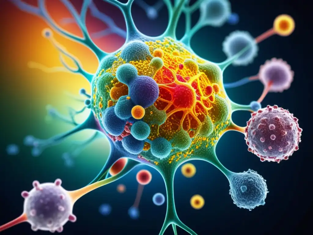 Compleja representación en 8k del sistema inmunológico humano, con redes de anticuerpos, células y proteínas entrelazadas, mostrando la belleza y complejidad del sistema inmunológico en presencia de enfermedades autoinmunes