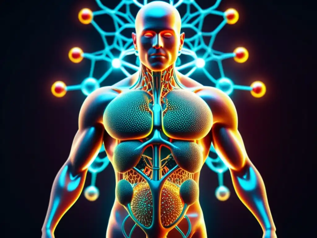 Red de Inmunidad Futurista: Detalle en 8k Compleja representación del sistema inmunológico humano con algoritmos en red de alta tecnología y colores vibrantes