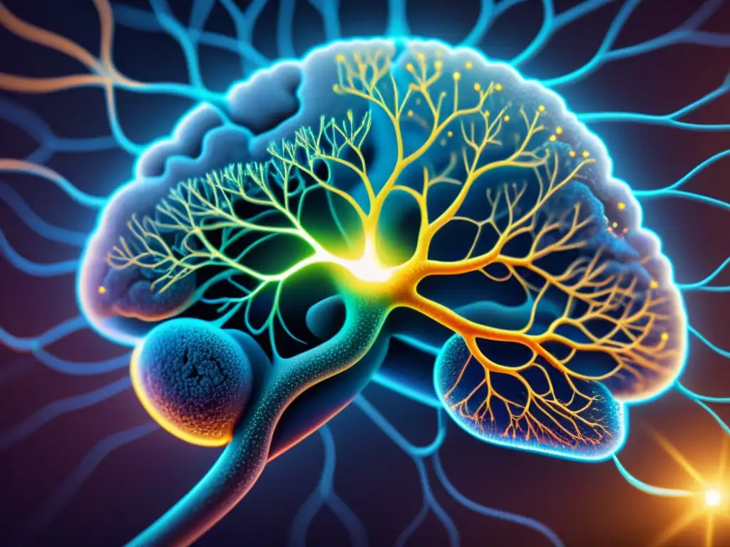 Red de Neuronas Brillantes: Logros Personales y Sistema Inmunológico Complejidad neuronal resplandece, simbolizando logros personales y sistema inmune fortalecido