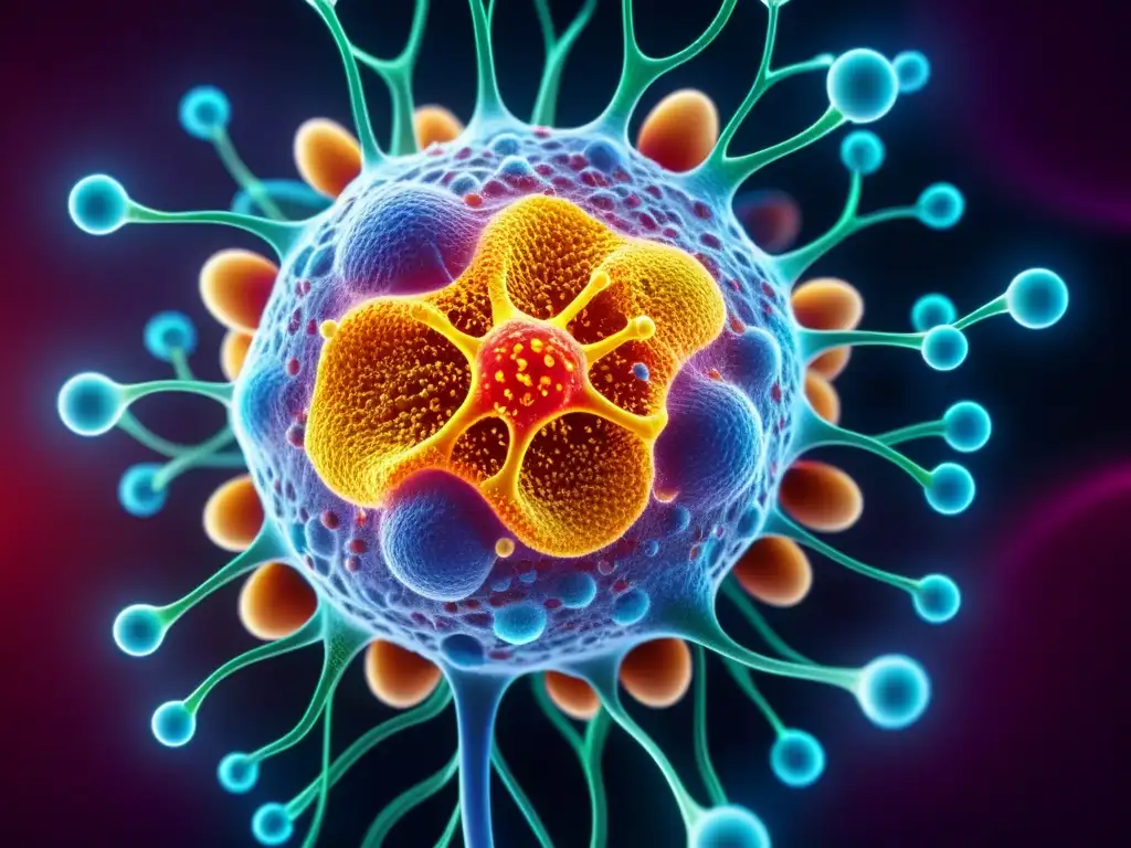 Respuesta inmune en acción: estrés y defensa molecular Complejidad y resiliencia del sistema inmune en respuesta al estrés, con estructuras moleculares vibrantes y caminos neoncoloreados