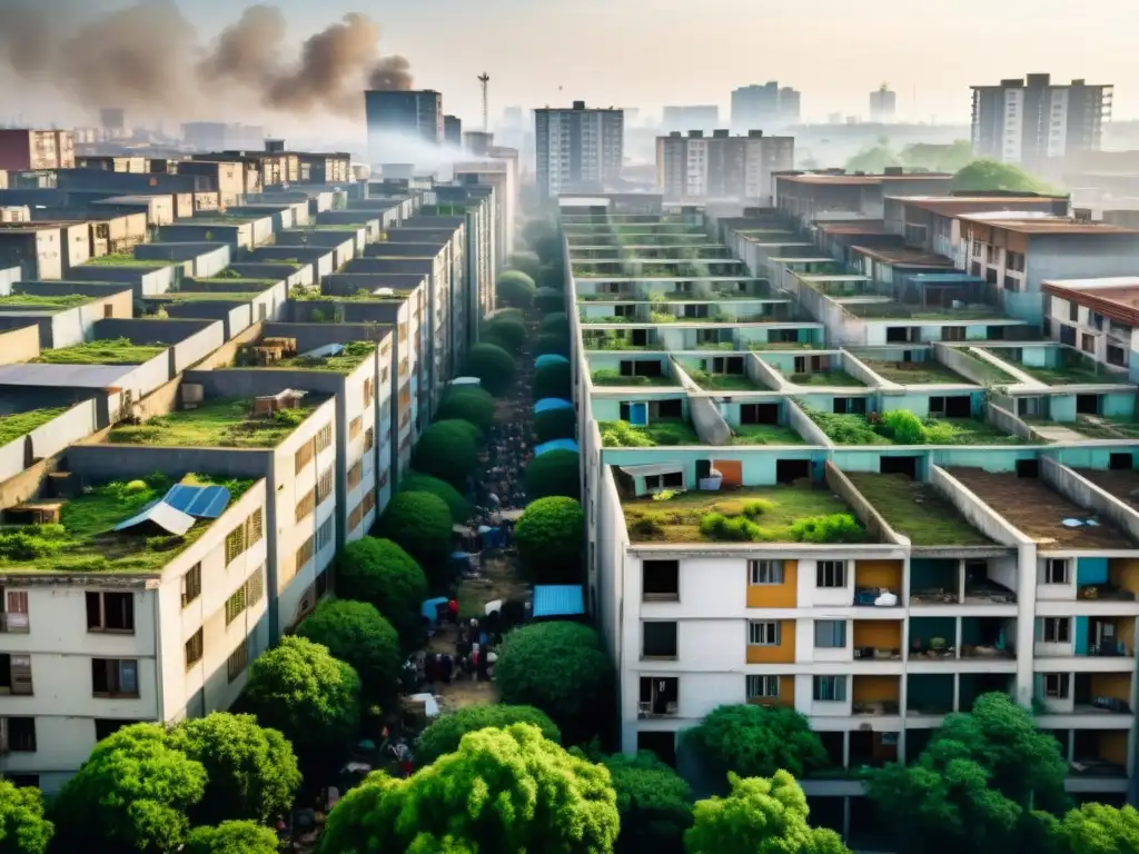 Cruda realidad urbana: impacto de la crisis de vivienda en la salud Complejo habitacional urbano deteriorado y abarrotado, reflejando la crisis habitacional y su impacto en la salud inmunológica