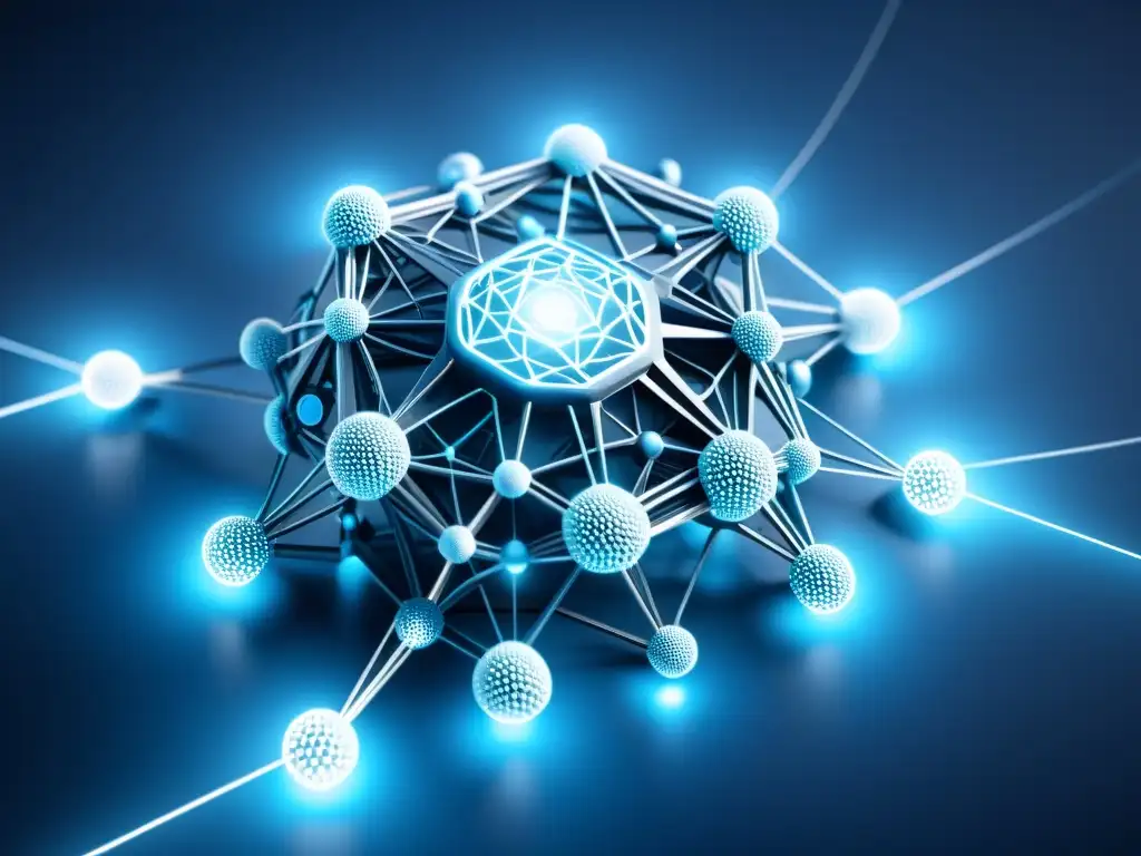 Red de Inmunidad Futurista en Detalle Complejo sistema AI iluminado en azul que simboliza la detección temprana de autoinmunidad con IA, con nodos que representan componentes del sistema inmune