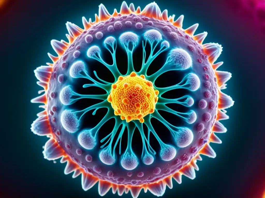 Interacción celular: Inmunidad frente al virus Un complejo sistema inmunológico luchando contra un virus, destacando los efectos del estrés en la salud