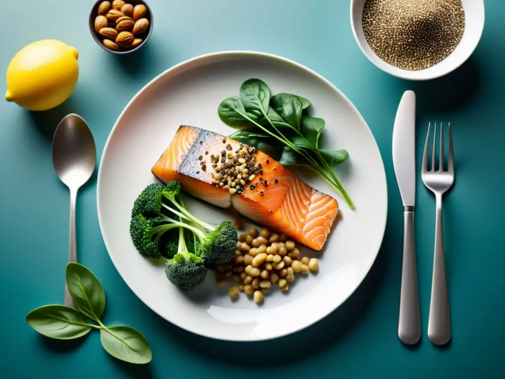 Deliciosos alimentos ricos en omega-3 en una presentación artística Una composición de alimentos ricos en omega 3, como salmón, semillas de chía, linaza, nueces y espinacas, resalta sus colores y texturas vibrantes