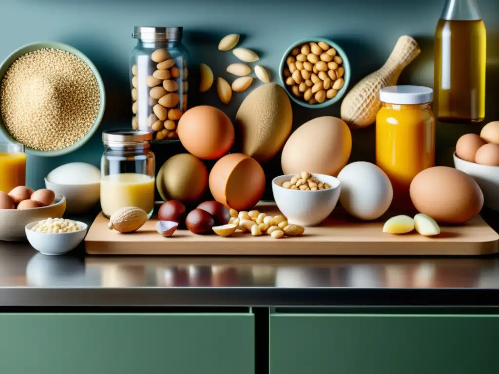 Variedad de Alimentos: Detalles en 8k Una composición de alimentos variados, con alérgenos ocultos, en una cocina moderna