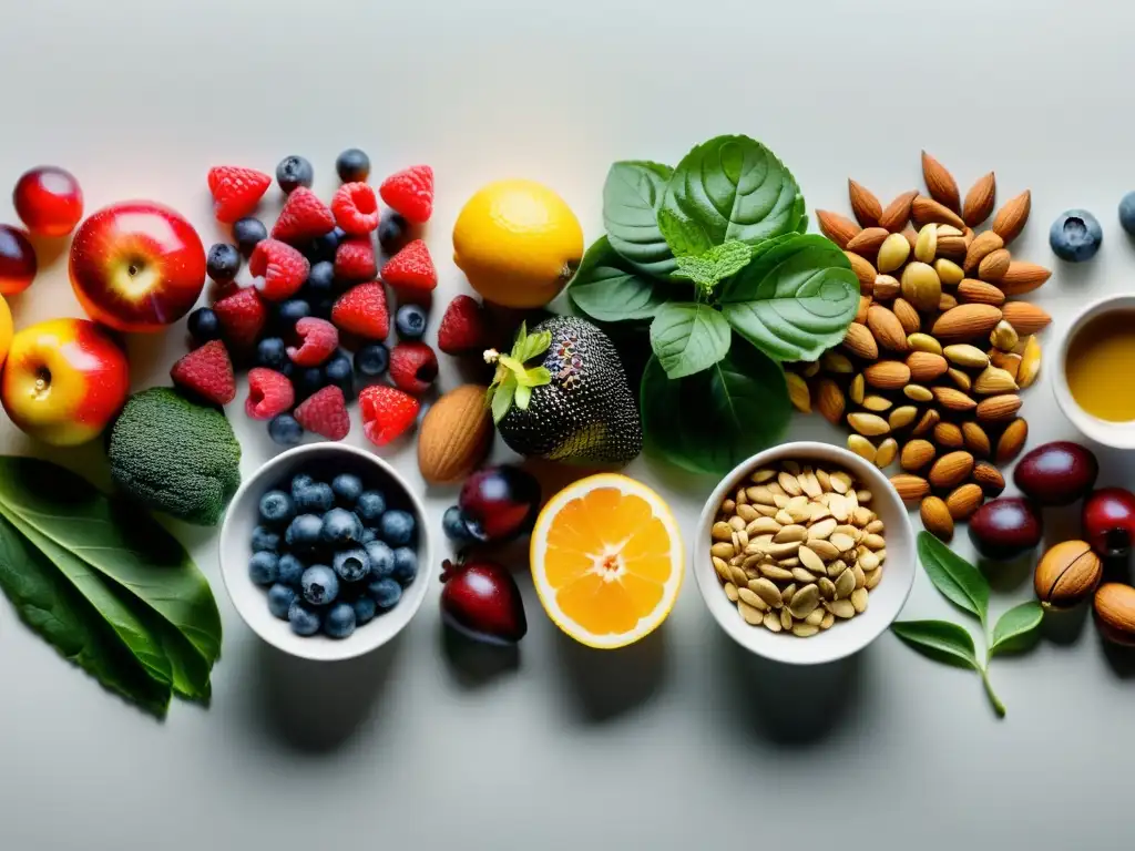 Una composición de alimentos variados y coloridos en una encimera de cocina, transmitiendo nutrientes para fortalecer el sistema inmunológico