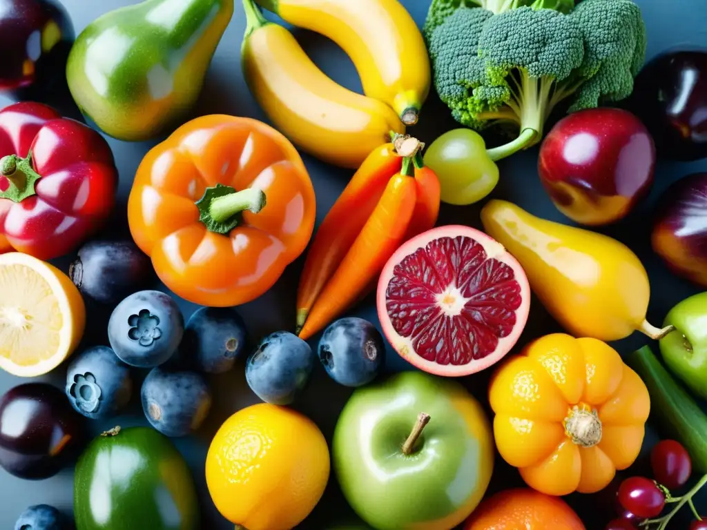 Vibrante variedad de frutas y verduras para la salud Una composición armoniosa de frutas y verduras frescas, resplandeciendo en colores vibrantes y texturas detalladas