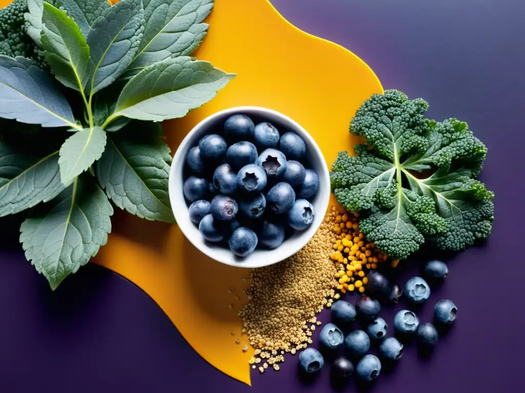 Composición artística de superalimentos vibrantes Una composición artística de alimentos funcionales para fortalecer inmunidad, destacando su color, textura y belleza natural