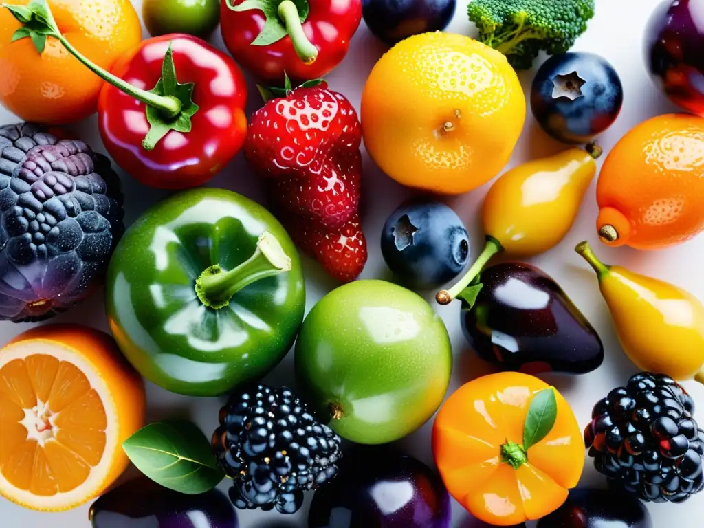 Frescura vibrante: Frutas y verduras antioxidantes en primer plano Una composición artística de alimentos para fortalecer el sistema inmunológico, frescos y vibrantes, evocando vitalidad y salud