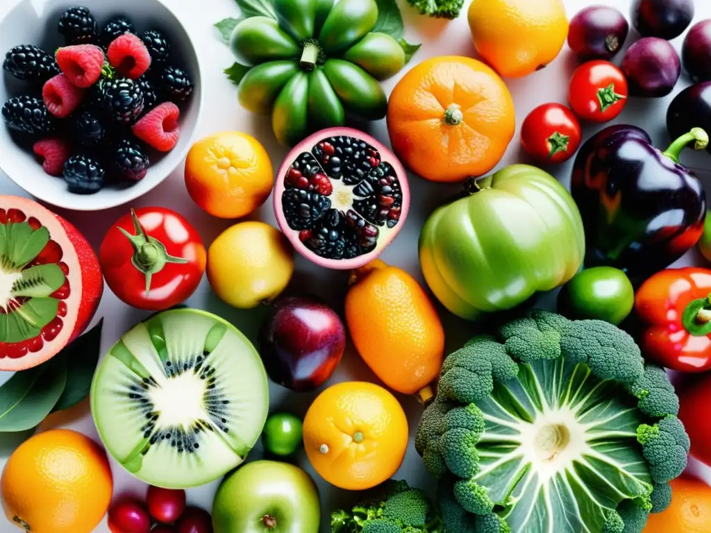 Exquisita frescura: Frutas y verduras vibrantes en detalle Una composición artística de frutas y verduras vibrantes, destacando su frescura y diversidad