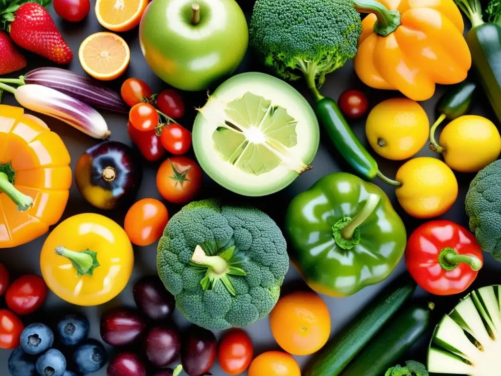 Arte vibrante: Frutas y verduras para dieta antiinflamatoria Una composición artística de frutas y verduras frescas, vibrantes y detalladas, ideal para una dieta antiinflamatoria y sistema inmunológico fuerte