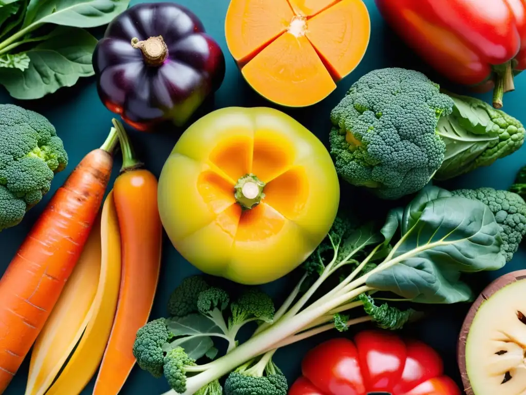 Vitaminas A: Explosión de Color y Nutrición Una composición artística de frutas y verduras coloridas, ricas en vitamina A, que resalta su belleza natural y valor nutricional